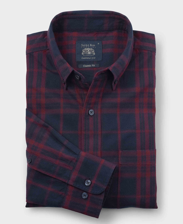 Men's Burgundy Navy Brushed Cotton Check Classic Fit Button-Down Casual Shirt folded