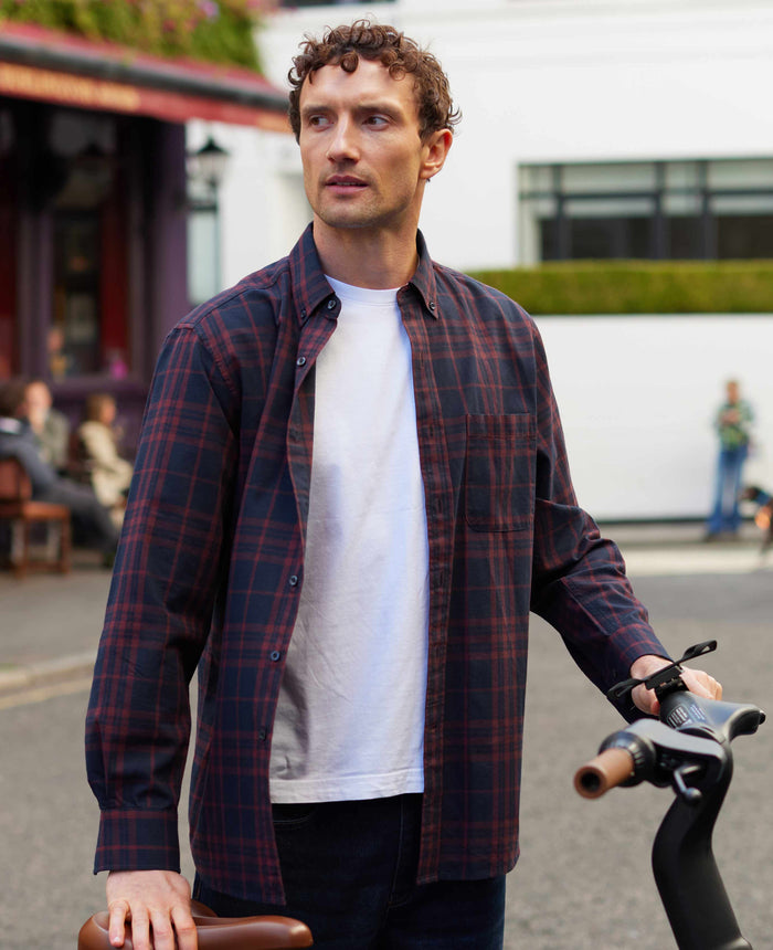 Men's Burgundy Navy Brushed Cotton Check Classic Fit Button-Down Casual Shirt model shot