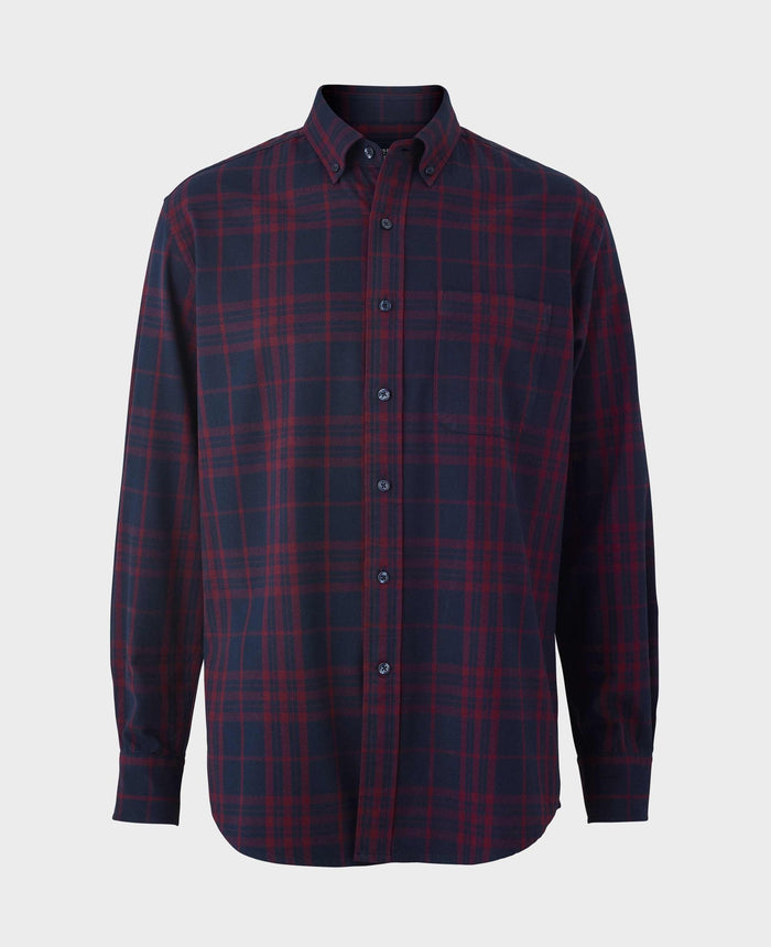 Men's Burgundy Navy Brushed Cotton Check Classic Fit Button-Down Casual Shirt mannequin shot