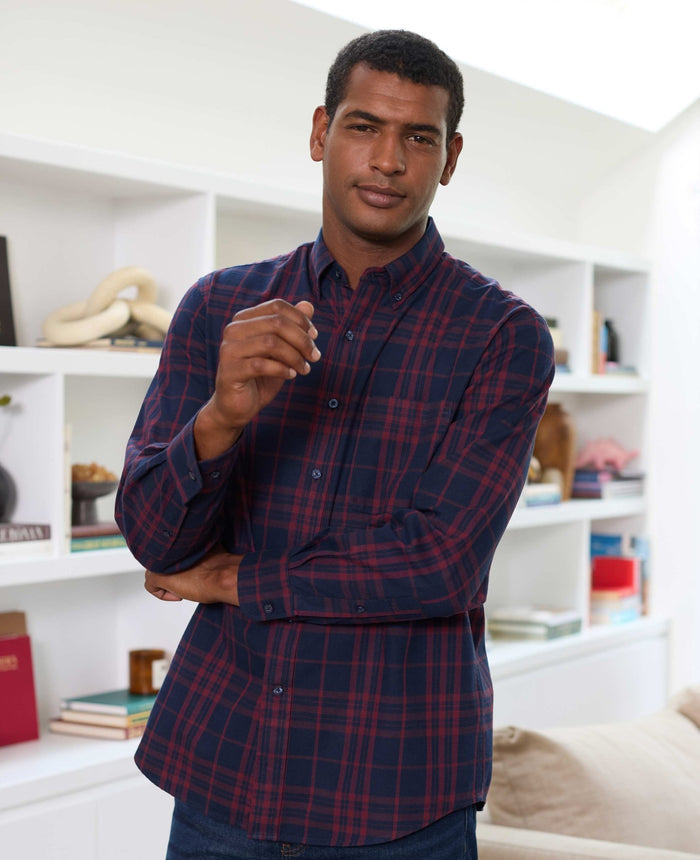 Men's Burgundy Navy Brushed Cotton Check Classic Fit Button-Down Casual Shirt model shot