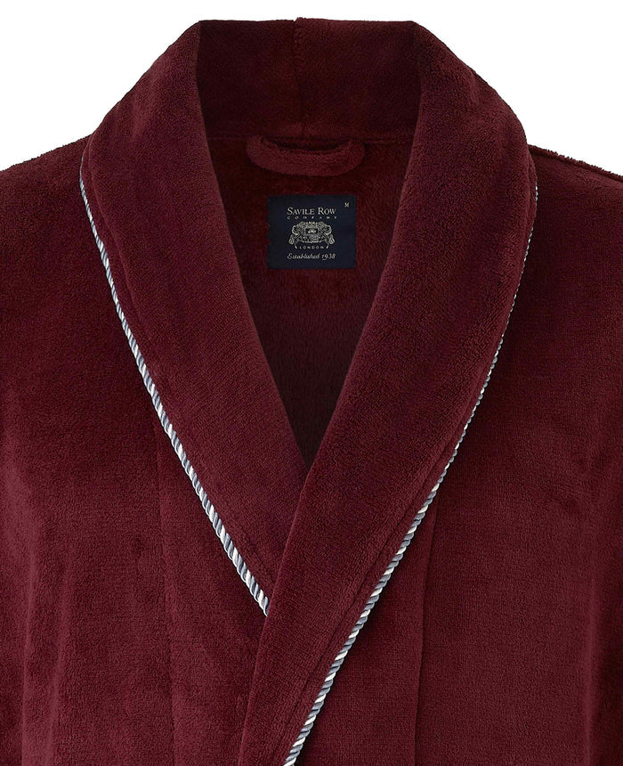 Burgundy Rope Edge Fleece Dressing Gown collar detail
