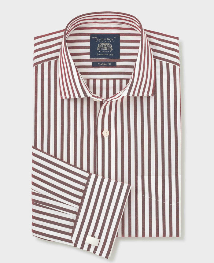 Men's Burgundy Stripe Cotton Poplin Classic Fit Formal Shirt With Double Cuffs folded shot