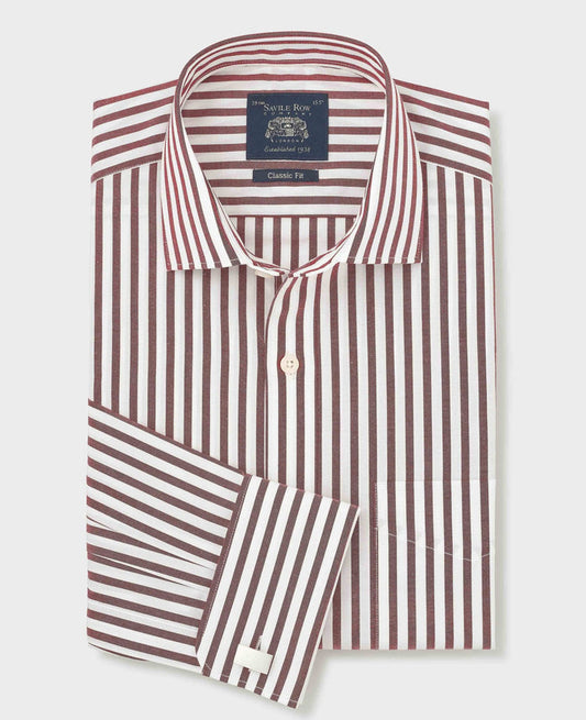 Men's Burgundy Stripe Cotton Poplin Classic Fit Formal Shirt With Double Cuffs folded shot