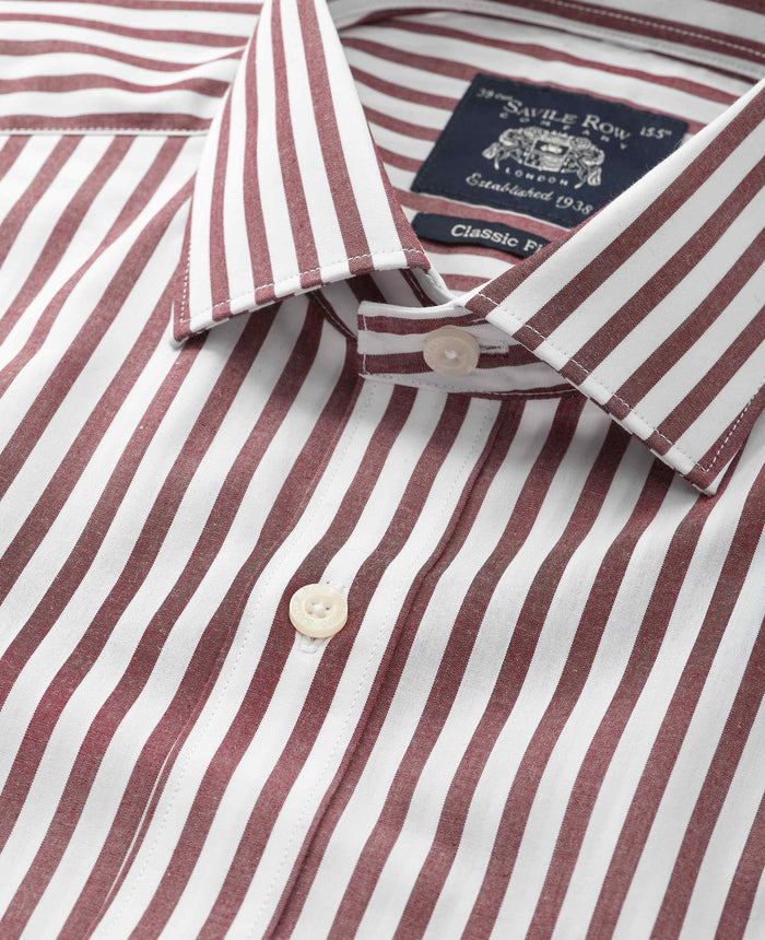 Men's Burgundy Stripe Cotton Poplin Classic Fit Formal Shirt With Double Cuffs collar detail