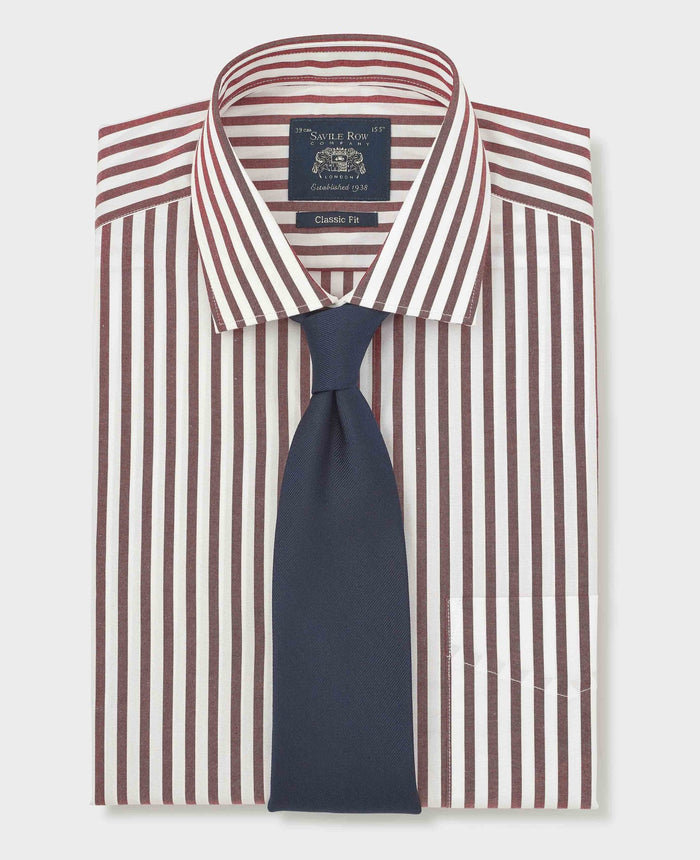 Men's Burgundy Stripe Cotton Poplin Classic Fit Formal Shirt With Double Cuffs folded with tie