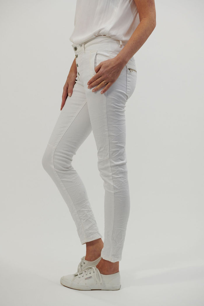 Women's White Button Fly Stretch Denim Jeans | Italian Star