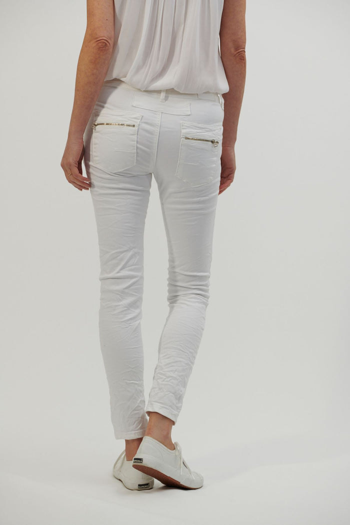 High Rise White Slim Leg Denim Jeans with Button Fly