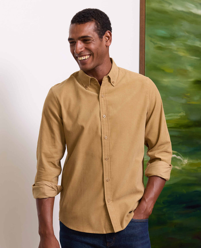 Men's Camel Cotton Babycord Slim Fit Button-Down Casual Shirt model shot