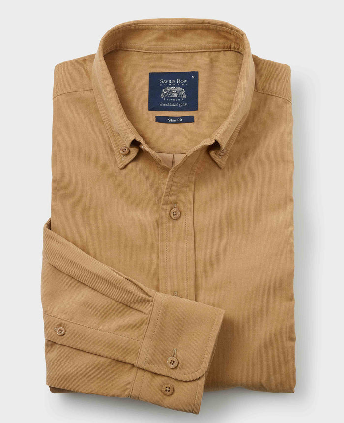 Men's Camel Cotton Babycord Slim Fit Button-Down Casual Shirt folded