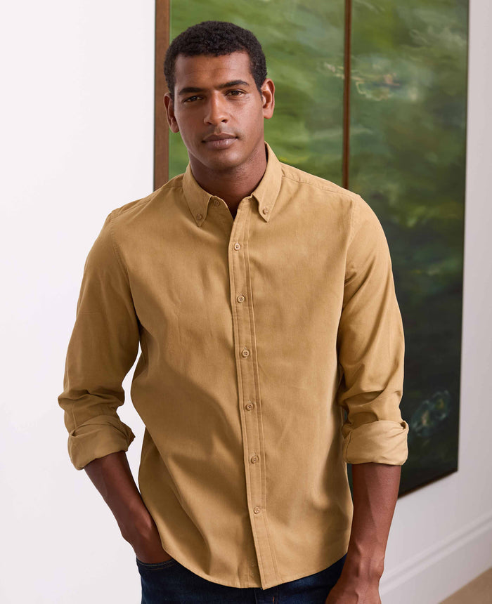 Men's Camel Cotton Babycord Slim Fit Button-Down Casual Shirt model shot
