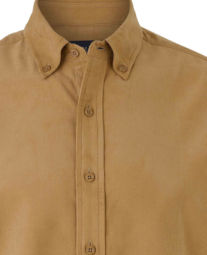Men's Camel Cotton Babycord Slim Fit Button-Down Casual Shirt collar detail