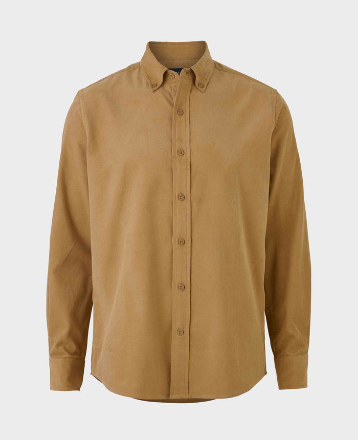 Men's Camel Cotton Babycord Slim Fit Button-Down Casual Shirt mannequin shot