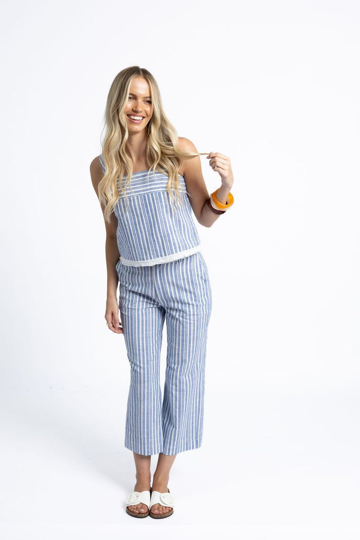 Women's blue striped cotton linen top square neck blouse