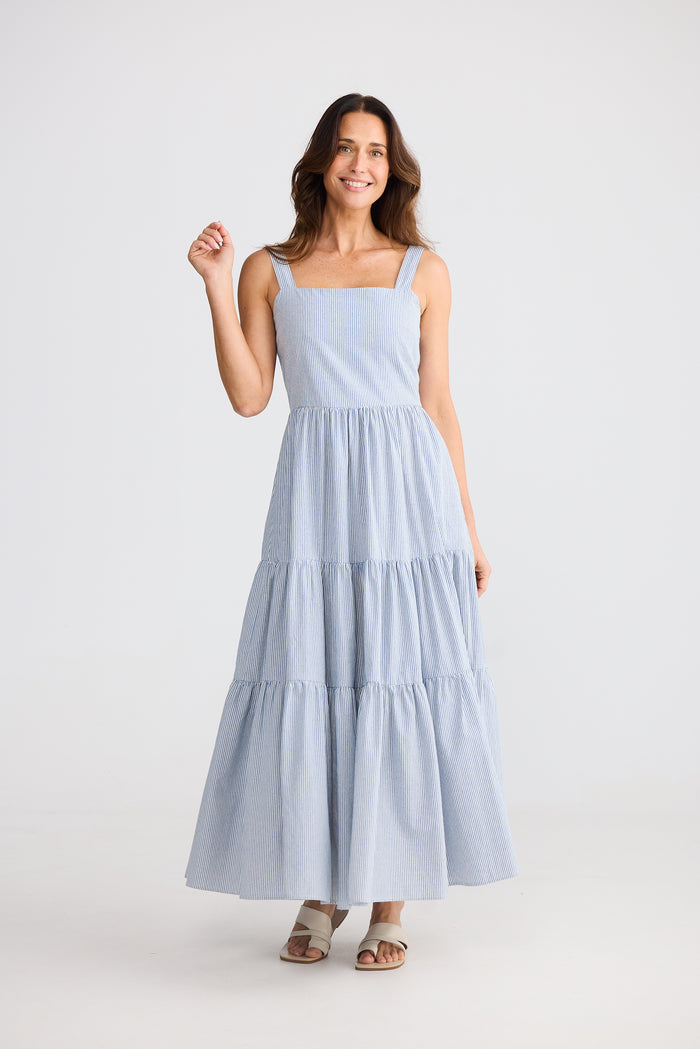 Brave + True Carmen Dress in Blue Pinstripe | Women’s Maxi Dress with Square Neckline and Statement Back Bow | Women's Clothing Australia
