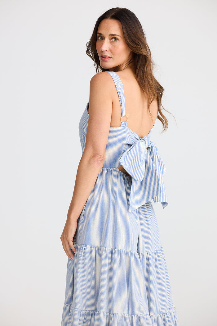 Brave + True Carmen Women’s Dress | Blue Pinstripe Tiered Full-Length Maxi Dress with Oversized Back Bow | Gretel Lane