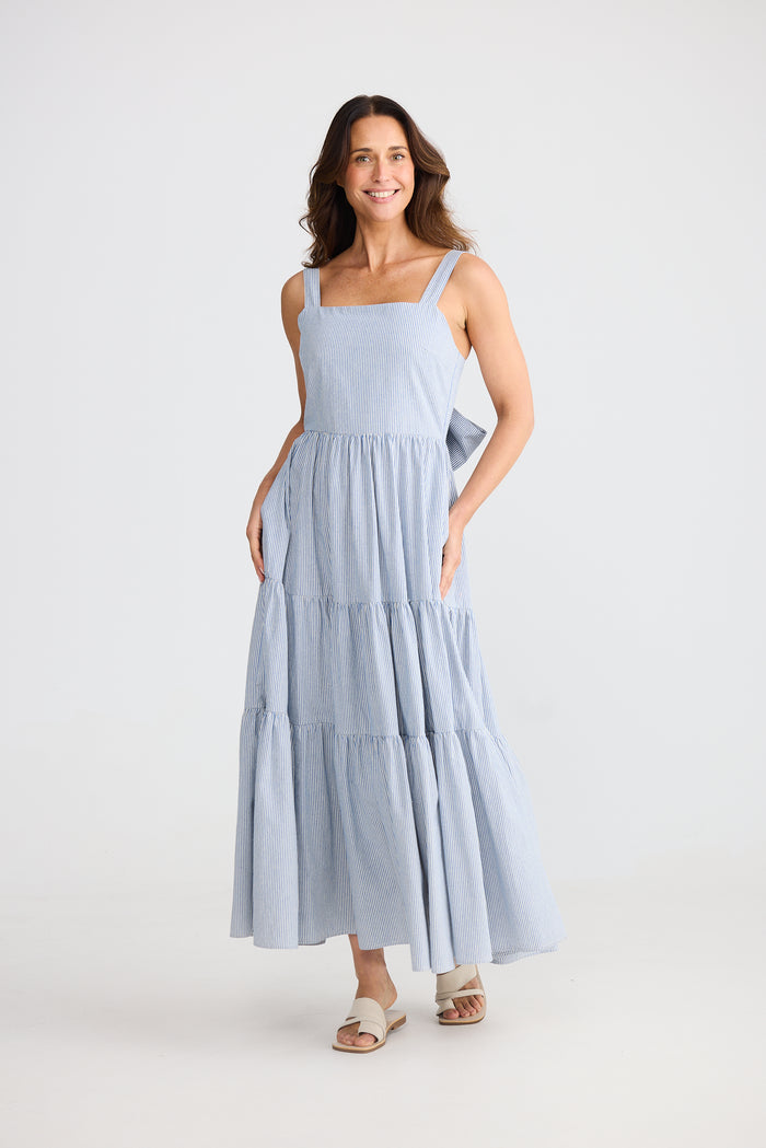 Brave + True Blue Pinstripe Carmen Dress | Blue Pinstripe Cotton Maxi Dress with Gathered Tiers and Adjustable Straps | Women's Clothing Online Store Australia