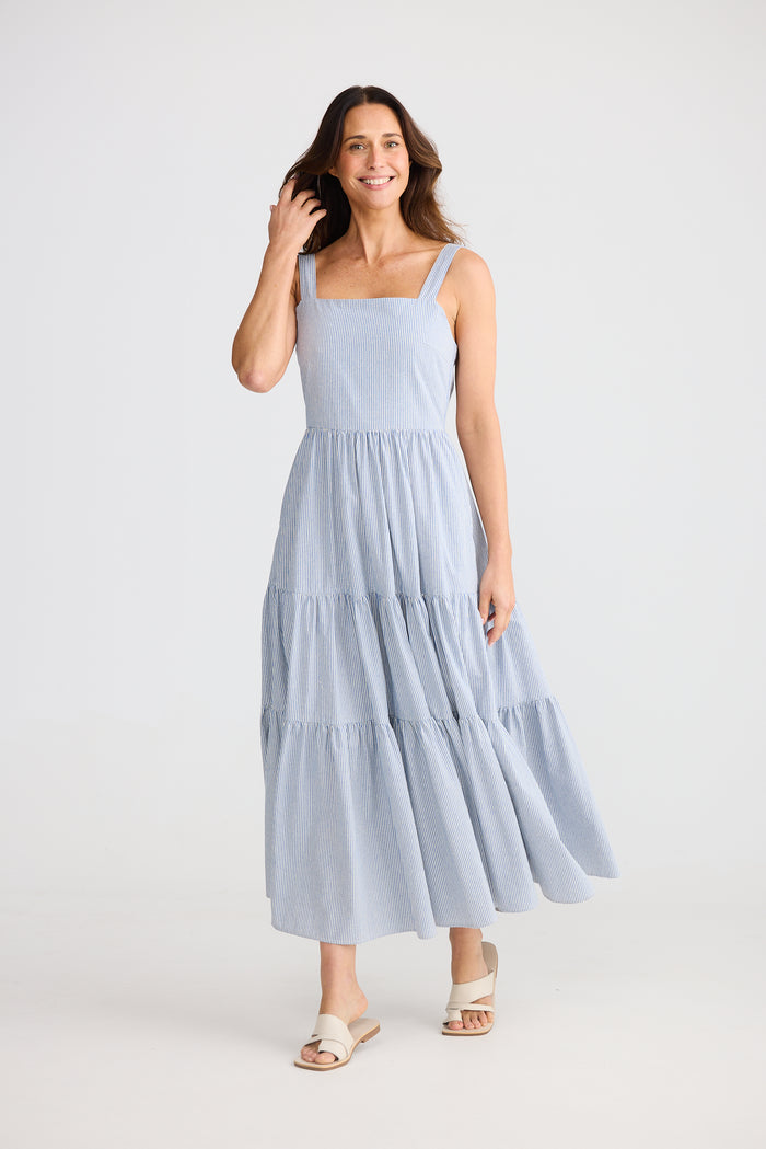 Carmen Dress by Brave + True | Blue Pinstripe Maxi Dress with Square Neck and Statement Back Ties | Women's Fashion Boutique Roma QLD