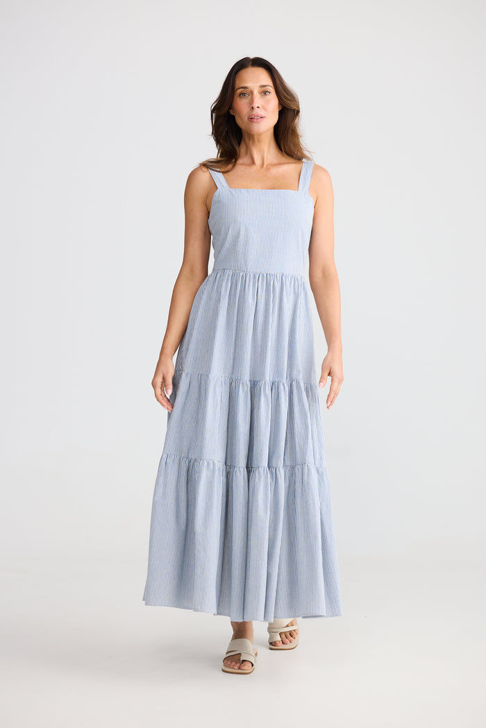 Brave + True Carmen Dress | Blue Pinstripe Sleeveless Maxi Dress with Adjustable Straps and Tiered Full-Length Skirt | Boutique Women's Clothing Australia