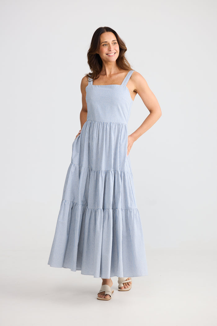 Brave + True Carmen Dress | Blue Pinstripe Cotton Maxi Dress with Flowing Tiered Skirt | Gretel Lane