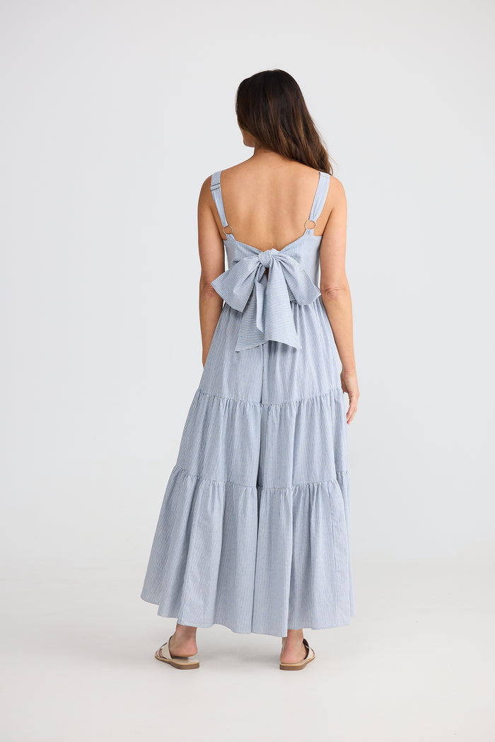 Brave + True Women’s Dress | Blue Pinstripe Maxi Dress with Open Back and Tie Detail | Australian Women's Clothing