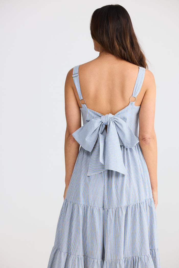 Brave + True Dress | Blue Pinstripe Sleeveless Maxi Dress with Elastic Back Waist  | Women's Online Clothing Store