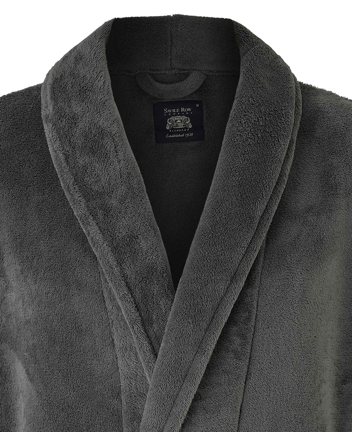 Men's Charcoal Grey Super Soft Fleece Dressing Gown collar detail
