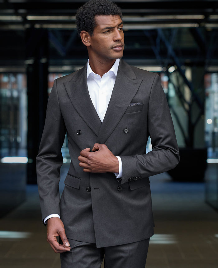 Charcoal Grey Wool Blend Tailored Double Breasted Suit Jacket
