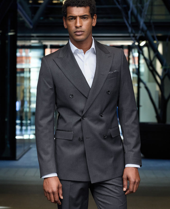 Charcoal Grey Wool Blend Tailored Double Breasted Suit Jacket