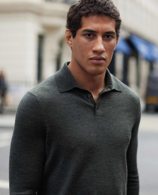 Men's Charcoal Merino Wool Knitted Polo Shirt model shot