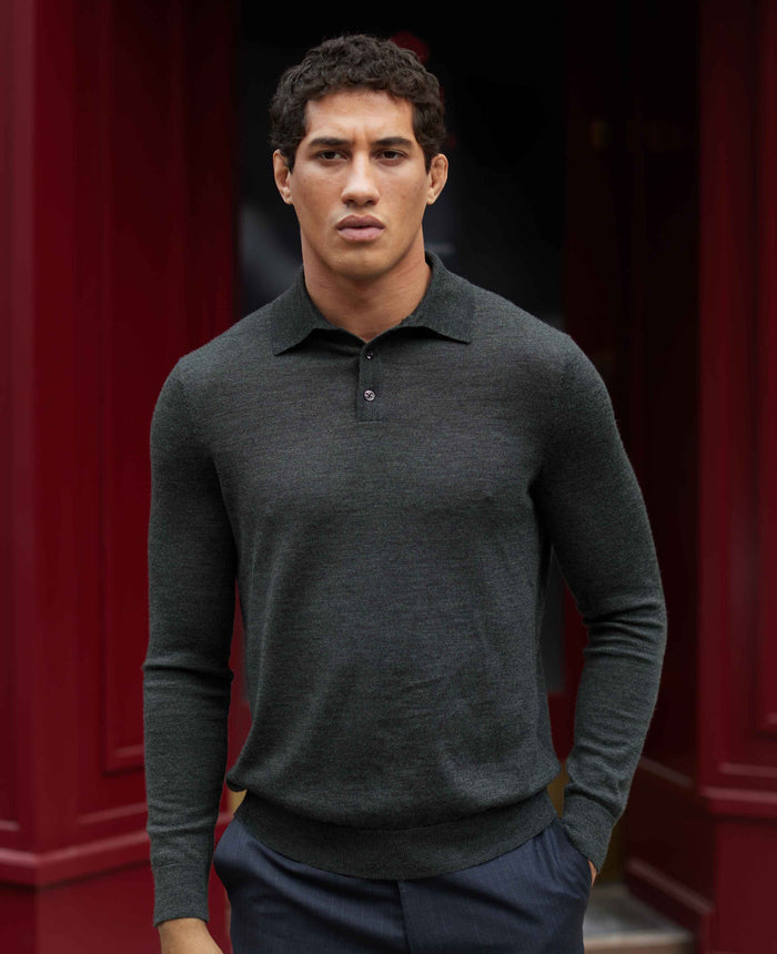 Men's Charcoal Merino Wool Knitted Polo Shirt model shot