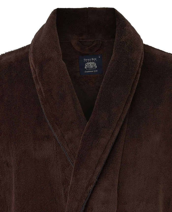 Men's Chocolate Brown Fleece Piped Dressing Gown collar detail