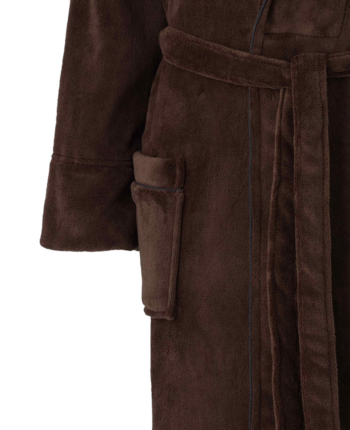 Men's Chocolate Brown Fleece Piped Dressing Gown pocket detail