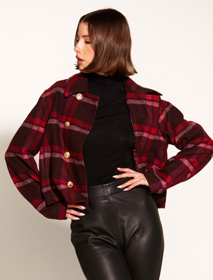 women's check cropped jacket Pink Red Check