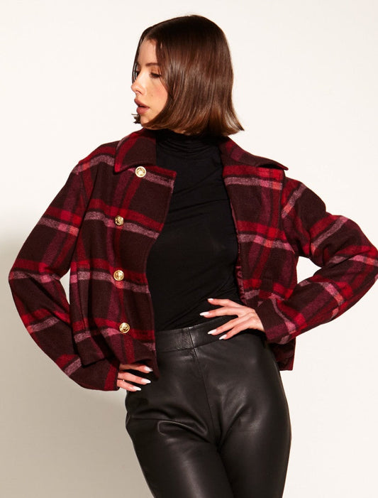 women's check cropped jacket Pink Red Check