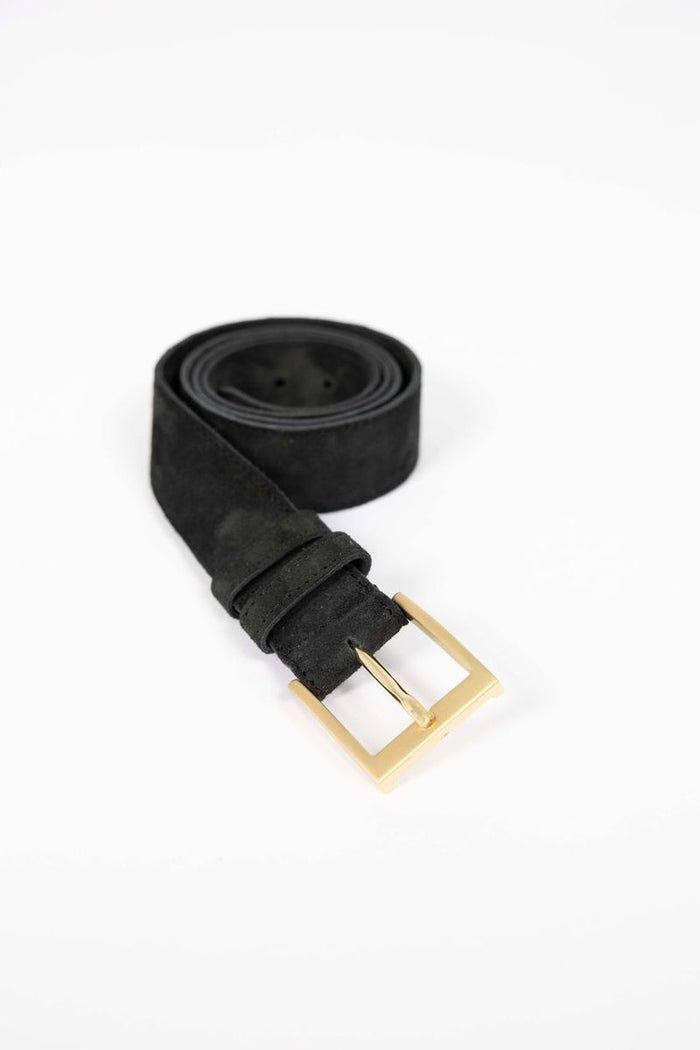 Humidity Women's Classic Black Suede Belt with Gold Buckle | Gretel Lane
