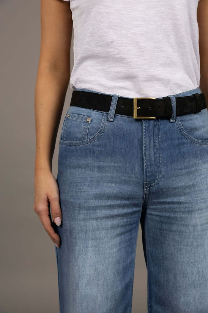 Humidity Women's Classic Black Suede Belt with Gold Buckle | Gretel Lane