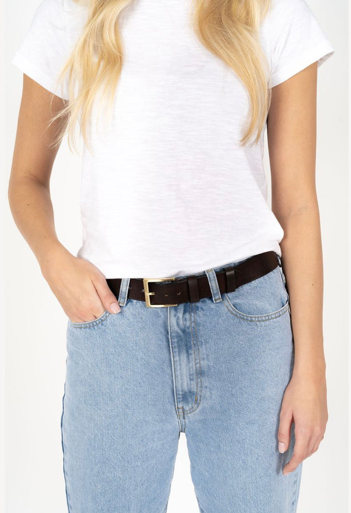 Humidity Women's Dark Brown Classic Leather Belt with Gold Buckle | Gretel Lane