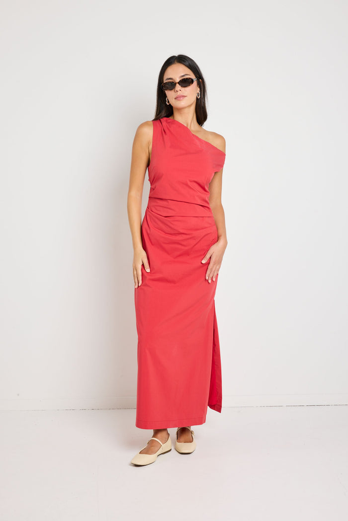 Classified Off Shoulder Tuck Maxi Dress (Cherry)