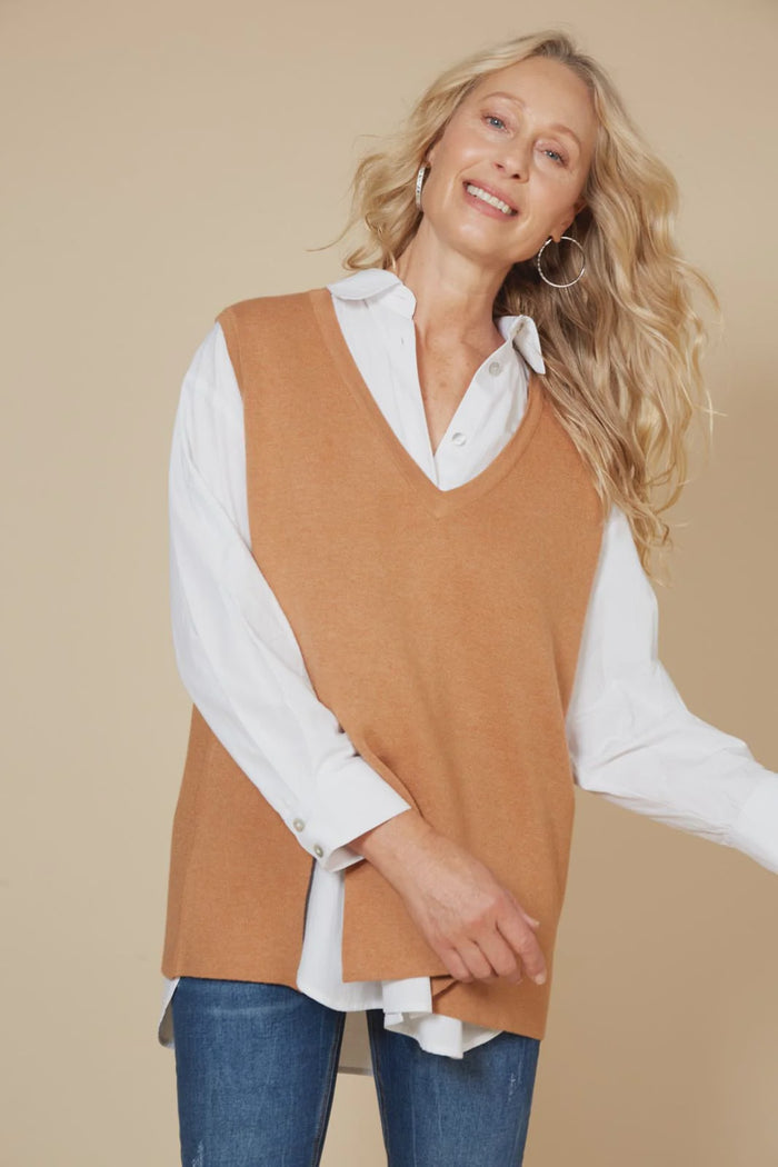 Eb & Ive Cleo Vest Caramel | women's V-neck sleeveless knit vest