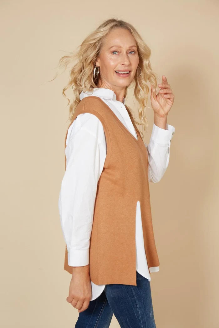 Eb & Ive women's caramel sweater vest | sleeveless knit top