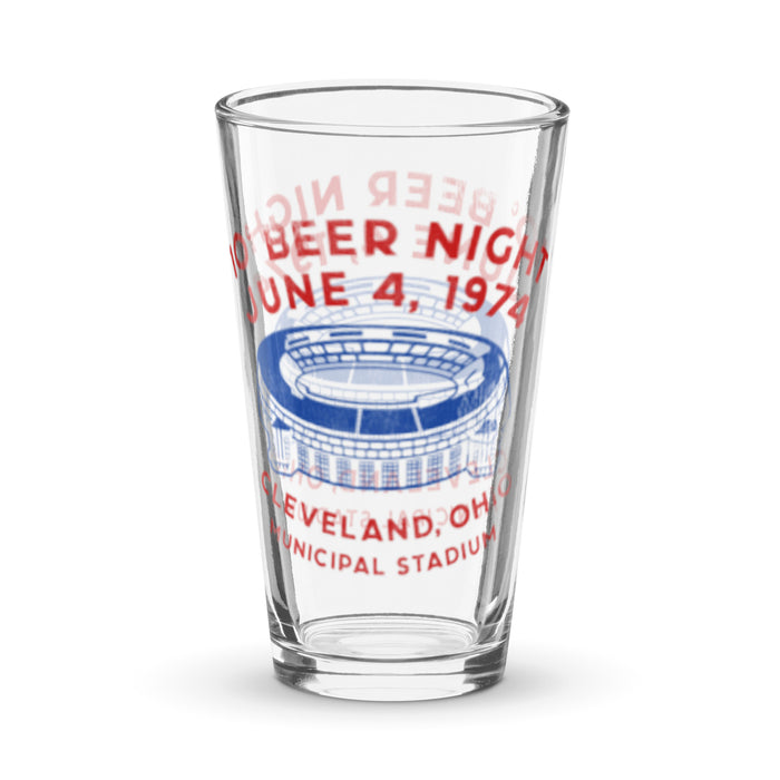 A 16 oz retro shaker pint glass that says 10 ¢ Beer Night, June 4, 1974, Cleveland Ohio, and Municipal Stadium in red letters, the image of a blue baseball stadium in the middle. References the iconic Ten Cent Beer Night incident during an MLB Cleveland Indians vs. Texas Rangers game at Cleveland Stadium, in which the audience got too drunk off of the cheap promotion beer and the game was finally forfeited.