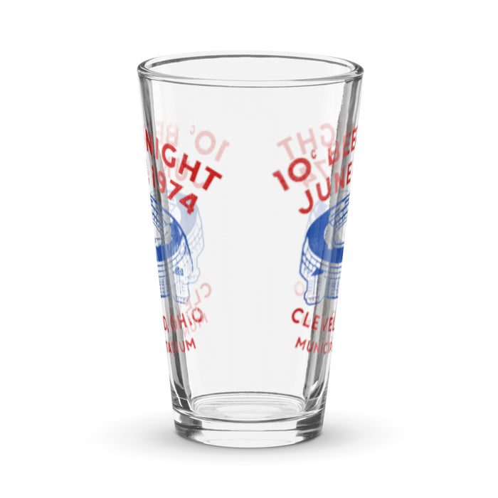 The back of a vintage 16 oz shaker pint glass that says '10 C Beer Night', 'June 4, 1976', 'Cleveland Ohio', and 'Municipal Stadium' in bright red retro lettering surrounding the image of a blue baseball stadium, Cleveland Stadium. In reference to the infamous Ten Cent Beer Night, a promotion held by the MLB for a baseball game between the Cleveland Indians and the Texas Rangers that lead to an extraordinarily drunk and rowdy audience from cheap beer.