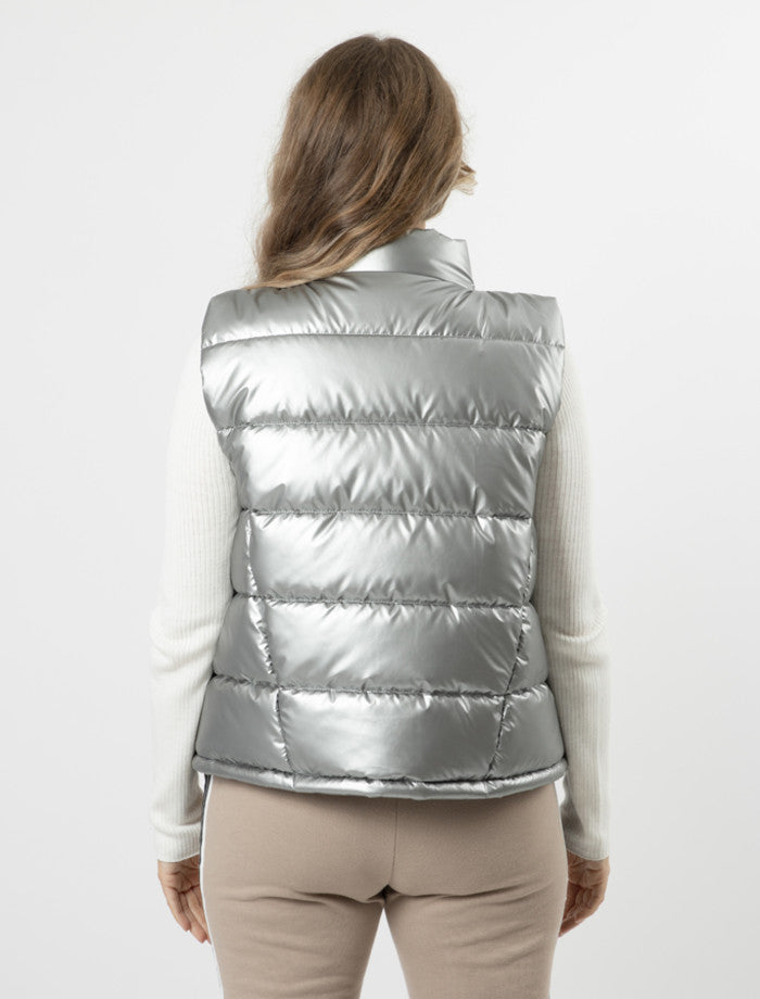 metallic sleeveless quilted puffer vest silver Stella + Gemma