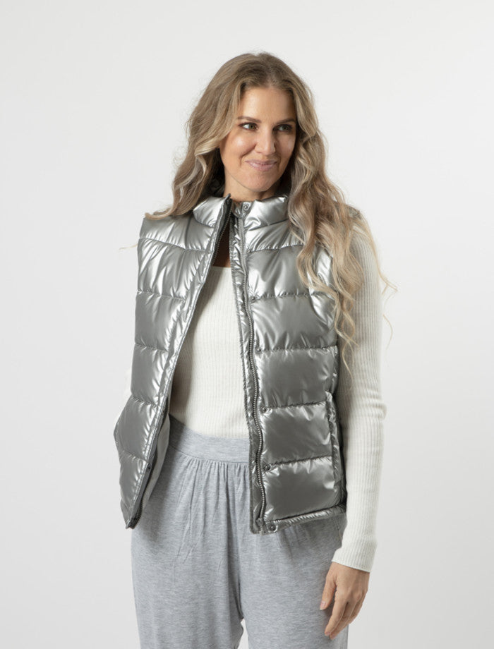 silver sleeveless puffer vest Stella + Gemma