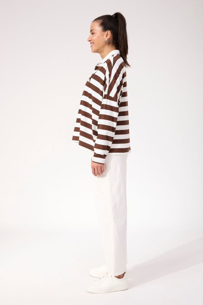 Haven Women's Cotton Chocolate Stripe Columbus Polo Top | Gretel Lane