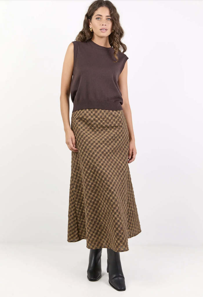 Stories Be Told Companion Cotton Blend Bias Maxi Skirt in Chocolate/Caramel Check | Women's Clothing | Gretel Lane