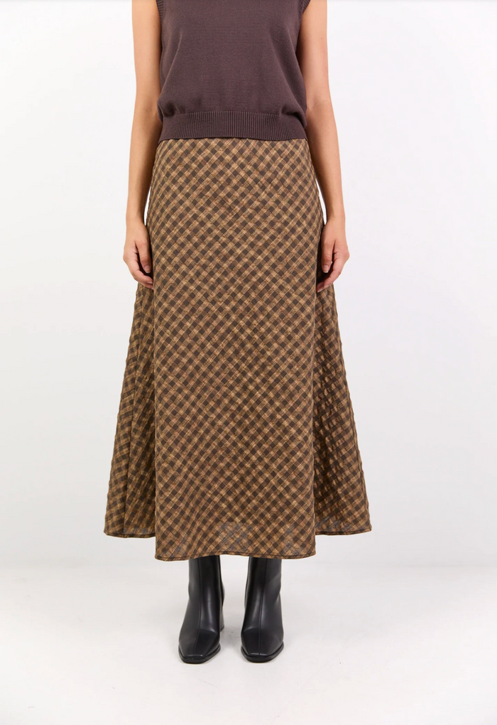 Stories Be Told Companion Cotton Blend Bias Maxi Skirt in Chocolate/Caramel Check | Women's Clothing | Gretel Lane