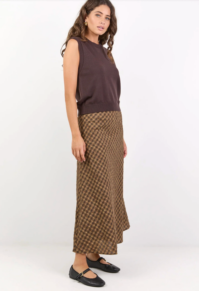 Stories Be Told Companion Cotton Blend Bias Maxi Skirt in Chocolate/Caramel Check | Women's Clothing | Gretel Lane