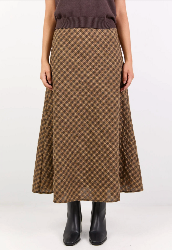 Stories Be Told Companion Cotton Blend Bias Maxi Skirt in Chocolate/Caramel Check | Women's Clothing | Gretel Lane