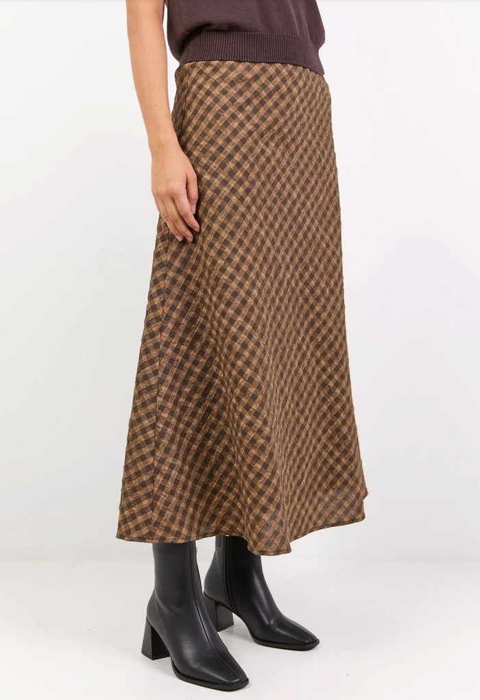 Stories Be Told Companion Cotton Blend Bias Maxi Skirt in Chocolate/Caramel Check | Women's Clothing | Gretel Lane
